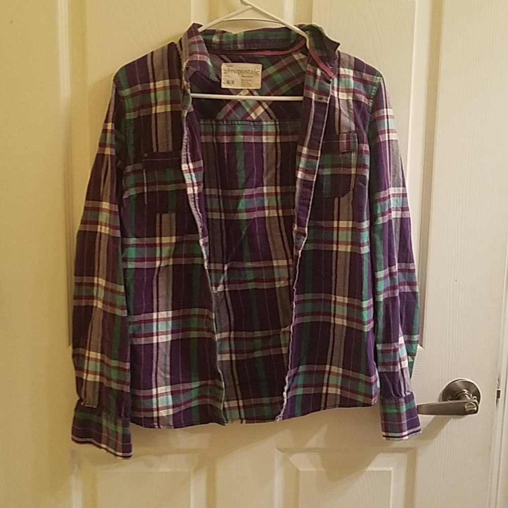 Purple, white, green flannel aeropostale shirt